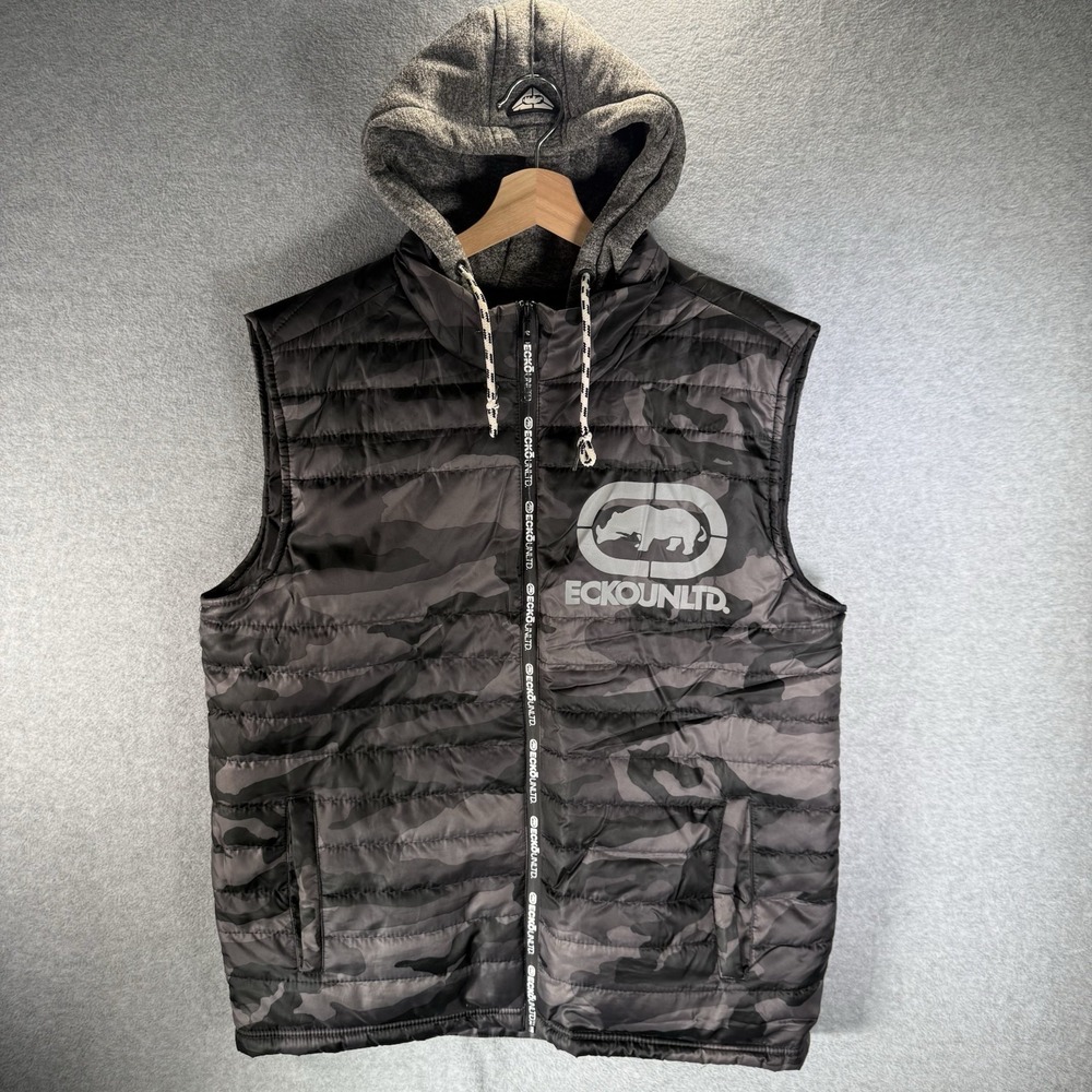 Ecko Unltd Puffer Vest Mens's Medium Gray Camo Pockets‎ Hooded Full Zip